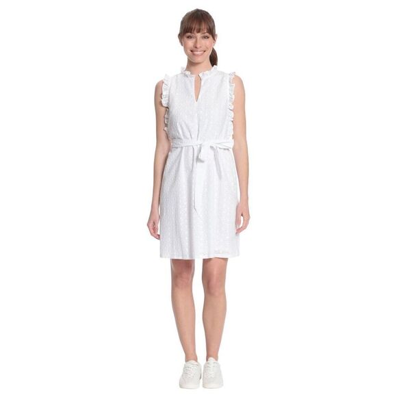 London Times White Eyelet Ruffled Neck and Armhole Mini Dress with Waist Tie - Picture 2 of 12